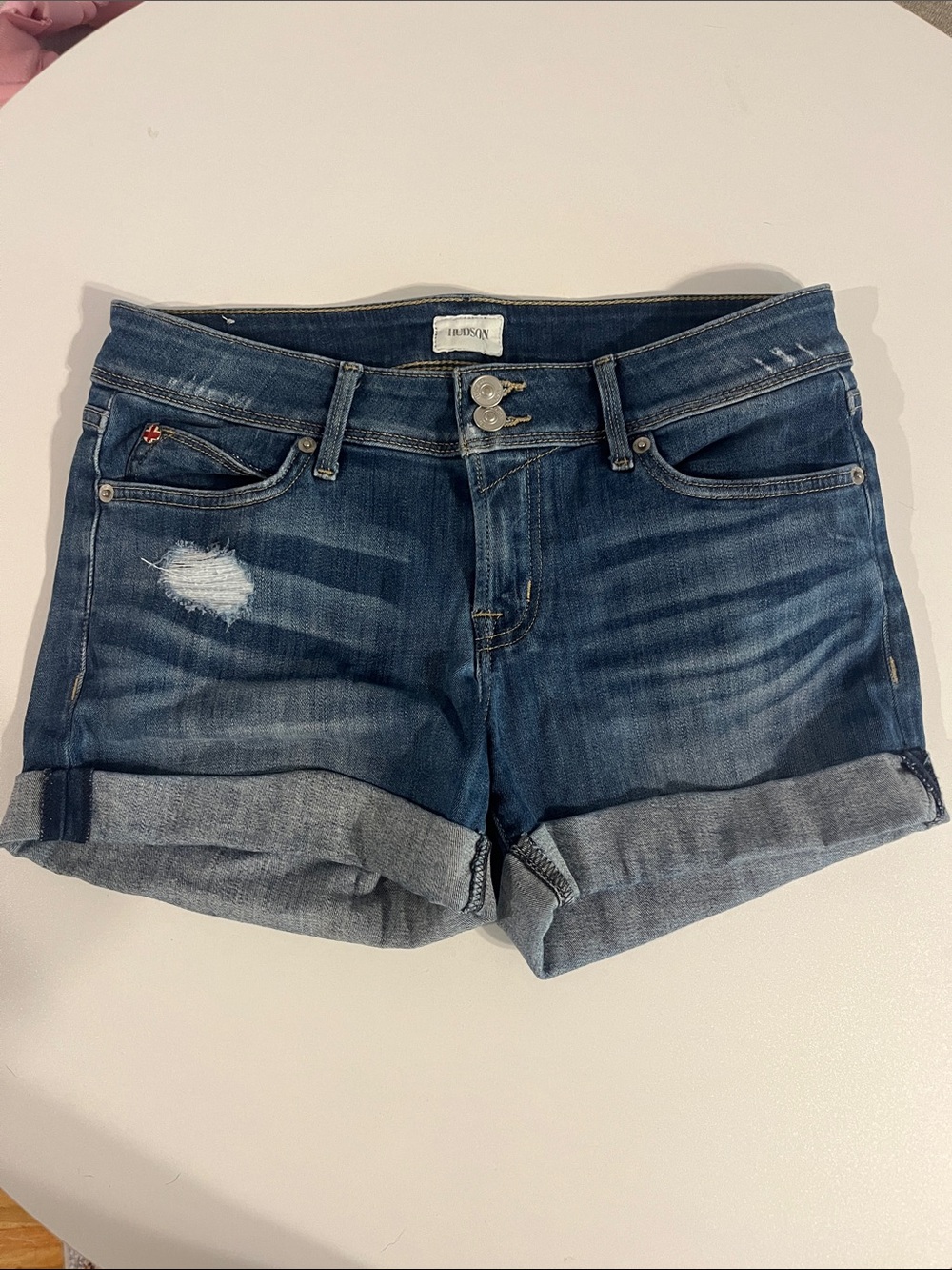 Hudson Jeans Dark Blue Rolled Cuff Distressed Denim Shorts